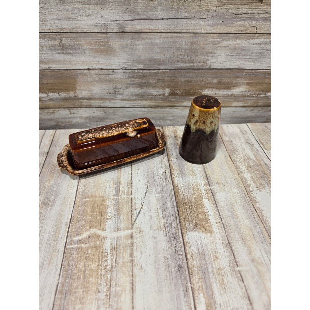Hull Pottery Mirror Brown Drip Glaze Butter Dish and Shaker Oven Proof USA